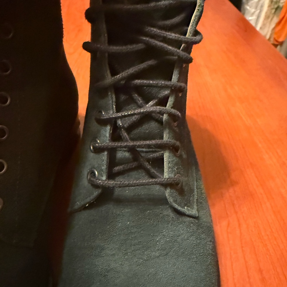 Women's Dark Green Suede Lace-Up Ankle Boots with Gold Leaf Accent - Picture 5 of 9